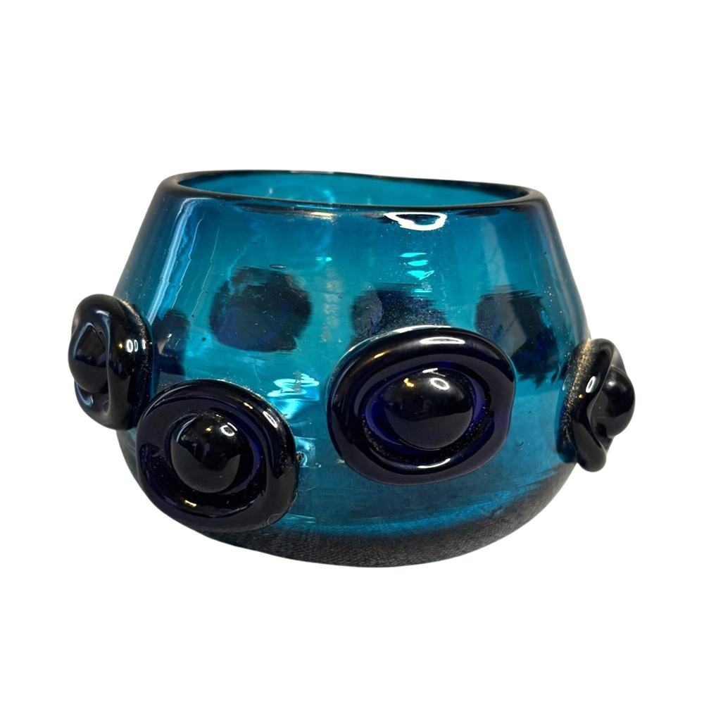 Hand Blown Sapphire Blue Mexican Art Glass Votive Bowl with Glass Medallions